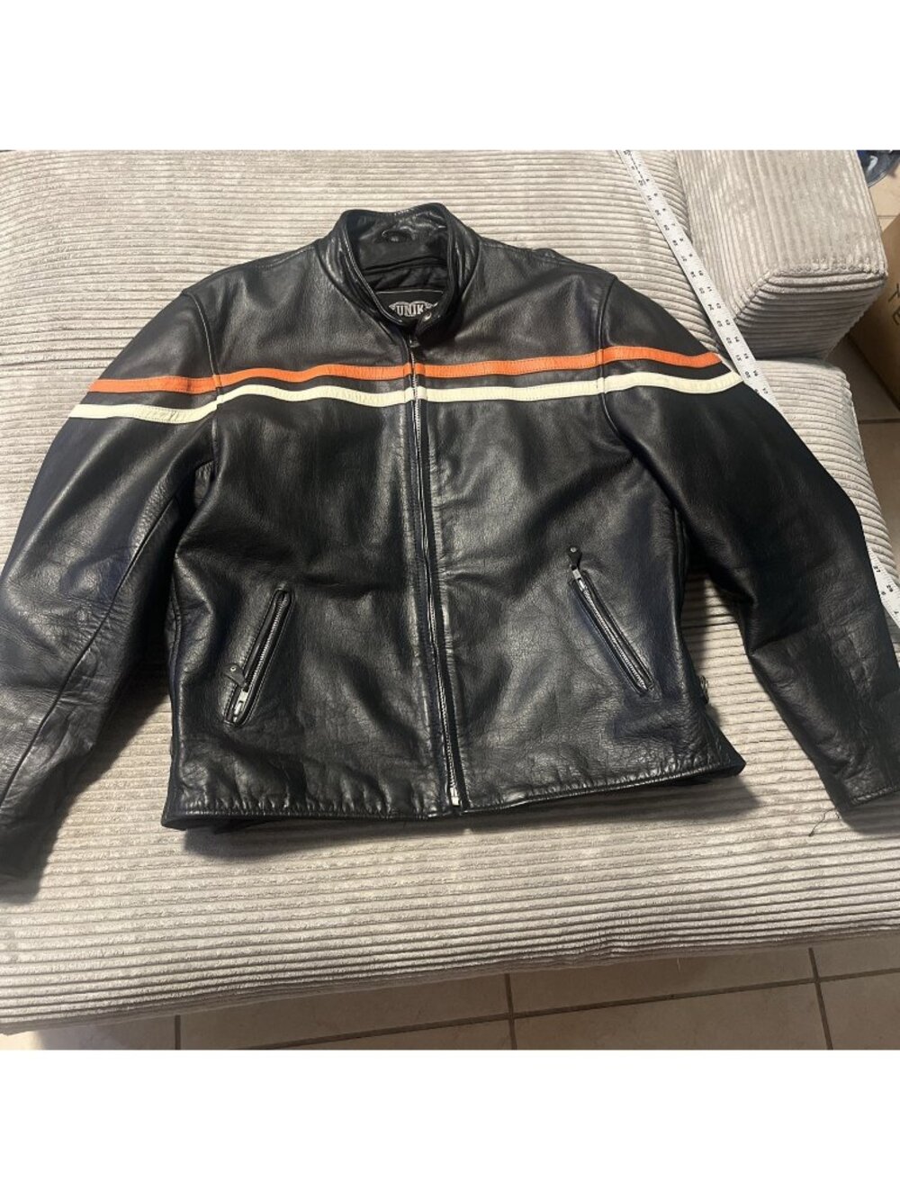 Motorcycle Leather Jacket Unisex Large Black With Orange &cream Stripe